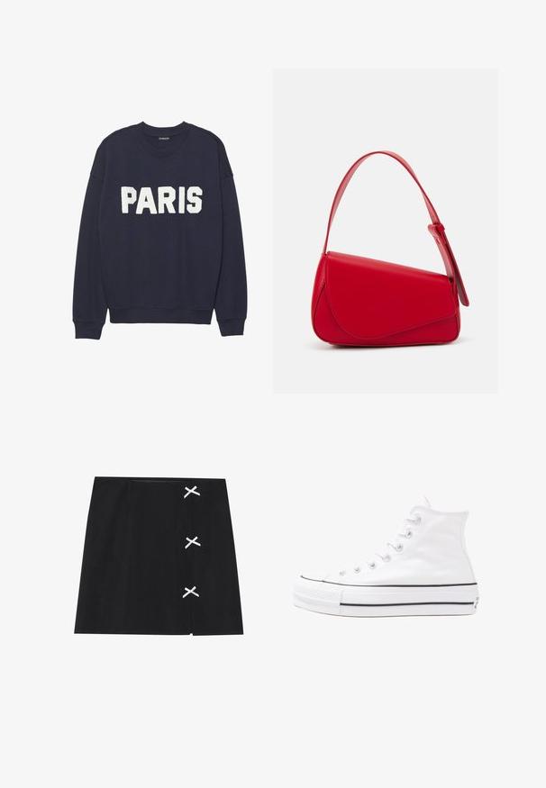 Sudadera azul marino con puños y cuello de canalé, que presenta letras de forro polar en blanco que dicen "PARIS" en la parte delantera.; Minifalda negra con una textura suave, que presenta cintas blancas cruzadas en el lado izquierdo. Diseño sencillo con corte recto.; Zapatilla de lona alta blanca con suela de goma negra, puntera de goma frontal y seis ojetes para los cordones, que presenta un diseño limpio y minimalista.; Bolso de cuero rojo con un diseño angular y geométrico. Cuenta con una única correa ajustable y un cierre de solapa con detalles de costura.