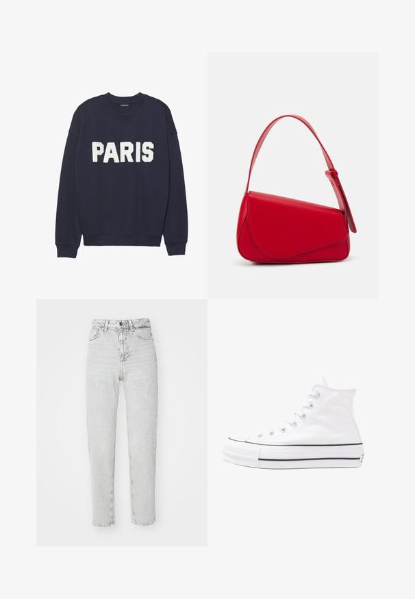 Sötétkék pulóver bordázott mandzsettákkal és nyakkal, amelynek elején fehér bolyhos betűk olvashatók: "PARIS".; Világosszürke farmer, magas derekú, egyenes szárú farmernadrág, gombos és cipzáras záródással, öt zsebbel és kopottas mosott textúrával.; Fehér magaskorsó vászon sportcipő fekete gumi talppal, elülső gumi orrnyereggel és hat fűzőlyukkal, letisztult, minimalista dizájnnal.; Piros bőr kézitáska szögletes, geometrikus kialakítással. Egy állítható pánttal és varrott részletekkel ellátott fedélzárral rendelkezik.