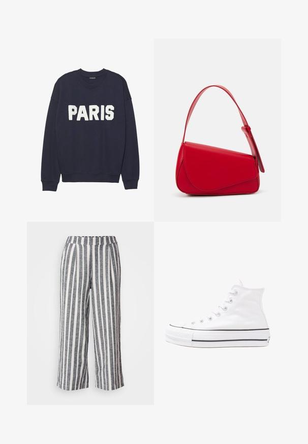 Granatowy sweter z ribbowanymi mankietami i dekoltem, z białymi napisem z polarowego materiału "PARIS" na przodzie.; Spodnie w paski o luźnym kroju, wykonane z lekkiego materiału. Posiadają szerokie pionowe ciemnoszare i białe paski oraz elastyczny pas.; Białe wysokie trampki z płótna z czarną gumową podeszwą, przednim czubkiem z gumy i sześcioma dziurkami na sznurowadła, charakteryzujące się prostym, minimalistycznym designem.; Czerwona skórzana torebka o kanciastym, geometrycznym designie. Posiada jedną regulowaną rączkę oraz zapięcie na klapę z przeszyciami.