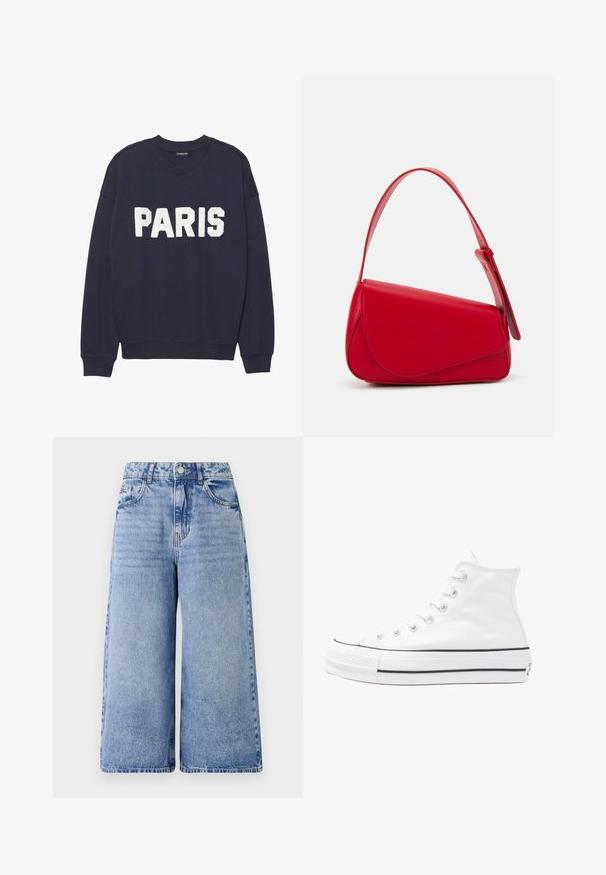 Tamsiai mėlynas džemperis su raštuotais rankogaliais ir apykakle, ant priekio su baltais pūkuotais užrašais, kurie skaitomi "PARIŠ".; Šviesiai mėlyni džinsiniai kulotai su aukštu juosmeniu, plačiomis kojomis ir priekinėmis kišenėmis. Yra siuvinėjimo detalės ir sagos užsegimas.; Balti aukštakulniai drobės sportbačiai su juodu guminio pado, priekinio guminio piršto dangteliu ir šešiais akytėmis raištams, pasižymintys švariu, minimalistiniu dizainu.; Raudona odinė rankinė su kampuota, geometrine forma. Pasižymi viena reguliuojama dirželiu ir dangteliu su siuvinėtais dekoracijomis.