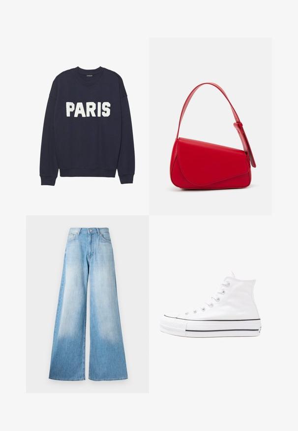 Sweatshirt azul-marinho com punhos e gola canelados, apresentando letras em fleece brancas que dizem "PARIS" na frente.; Jeans de perna larga em azul claro com um efeito desbotado, apresentando um fecho de botão, passantes para cinto e um design clássico de cinco bolsos.; Sapatilha alta de tela branca com sola de borracha preta, bico de borracha na frente e seis ilhós para os atacadores, apresentando um design limpo e minimalista.; Bolsa de mão em couro vermelho com um design angular e geométrico. Apresenta uma única alça ajustável e um fecho com aba, com detalhes cosidos.