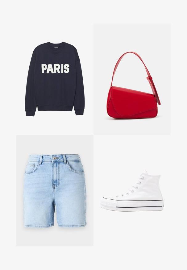 Navy blue sweatshirt with ribbed cuffs and neckline, featuring white fleece lettering that reads "PARIS" on the front.; Light blue denim shorts with a high waist, raw hem, five pockets, and decorative side stitching pattern. Made from cotton fabric.; White high-top canvas sneaker with black rubber sole, front rubber toe cap, and six eyelets for laces, featuring a clean, minimalist design.; Red leather handbag with an angular, geometric design. Features a single adjustable strap and a flap closure with stitched detailing.
