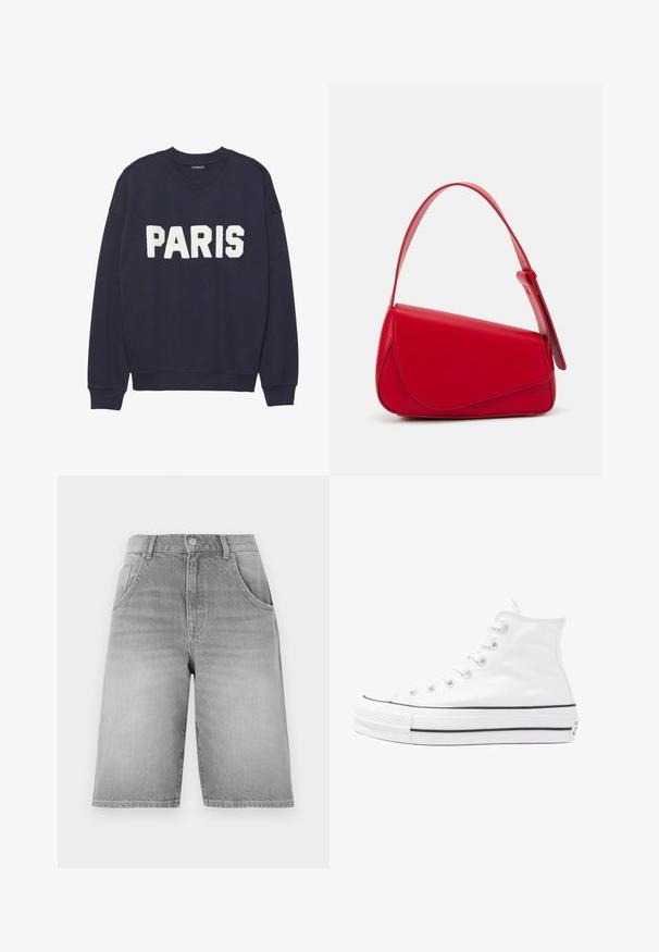 Námornícky modré mikina s rebrovanými manžetami a výstrihom, na prednej strane s bielym fleece nápisom "PARÍŽ".; Šedé denimové šortky s rovným strihom, s gombíkom a zipsom, dvoma prednými vreckami a vyblednutou textúrou.; Biele vysoké plátené tenisky s čiernou gumovou podošvou, prednou gumovou špičkou a šiestimi okami na šnúrky, s čistým, minimalistickým dizajnom.; Červená kožená kabelka s ostrým, geometrickým dizajnom. Má jeden nastaviteľný popruh a uzatváranie na klopu so šitím.