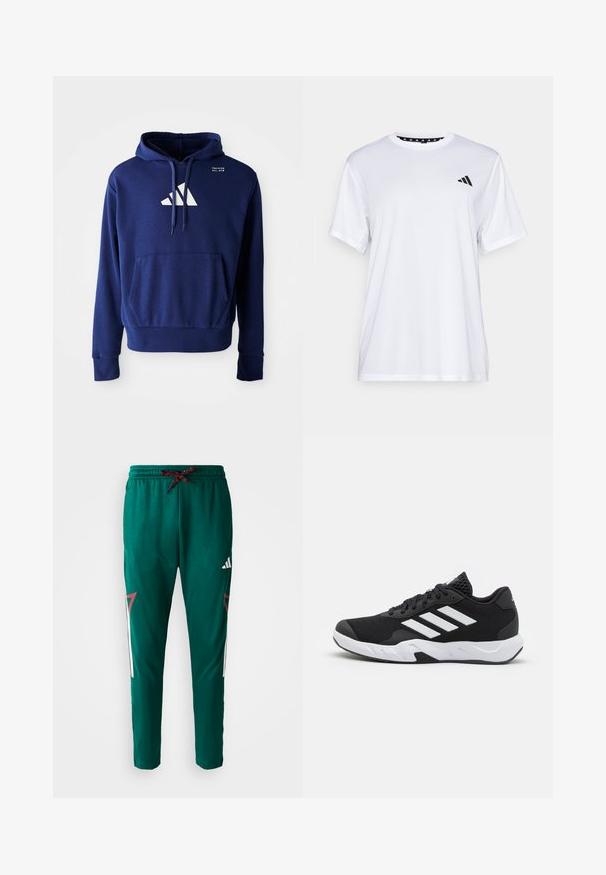Tumši zils kapučīnu jakas džemperis ar kenguru kabatu, aukliņu kapuci un baltu logo, kas sastāv no trim diognālām svītrām uz krūšu daļas. Mīksta auduma tekstūra.; Balts sporta T-krekls ar īsām piedurknēm, izgatavots no mitrumu absorbējoša auduma. Tam ir melns logo kreisajā krūtī un rakstains iekšējais apkakles piegriezums.; Zaļas sporta bikses ar sarkanu un melnu auklu, baltu Adidas logo uz augšstilba un sarkaniem un baltajiem ģeometriskajiem akcentiem sānos.; Melnas sporta kurpes ar teksturētu acu augšdaļu, baltām akcentu svītrām, mīkstu zoli un pastiprinātu papēdi atbalstam.