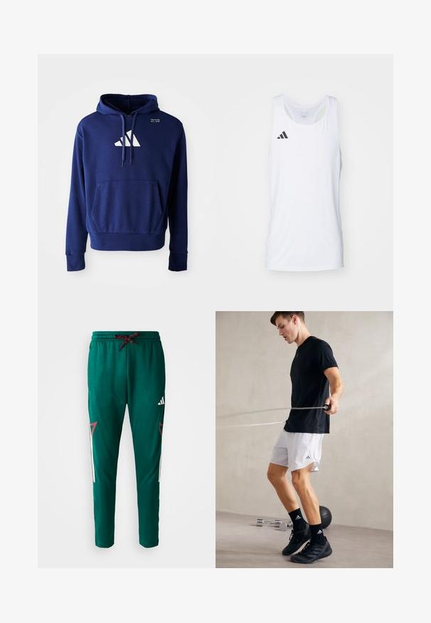 Tumedat sinise värvi kapuuts, millel on tasku, nööriga kapuuts ja valge logo, mis sisaldab kolme kaldus triipu rinnal. Pehme kangastekstuuri.; Valge ilma varrukateta sporditopp, mis on valmistatud kergest kangast, millel on must Adidas logo vasakul rinnal ja ümar kaelus.; Roheline sportlikte pükste mudel punase ja musta paelaga, valge Adidas'i logo reie peal ning punased ja valged geomeetrilised külgpaneelid.; Musta sportlik särk ja valged lühikesed püksid külglibisemistega. Isik hüppab köiele, jalas mustad tennised ja sokid, siledal põrandal.