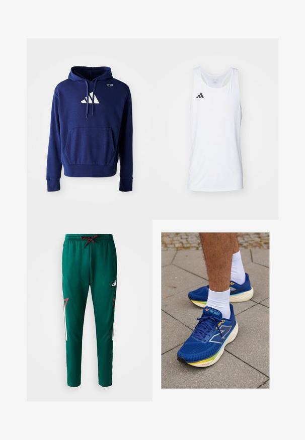 Hanorac bleu marin cu buzunar tip kangaroo, glugă cu șnur și logo alb care prezintă trei dungi diagonale pe piept. Textură de țesătură moale.; Top de sport fără mâneci, de culoare albă, realizat dintr-un material ușor, cu logo-ul negru Adidas pe pieptul stâng și decolteu în formă de râpă.; Pantaloni sportivi verzi, cu șiret roșu și negru, logo alb Adidas pe coapsă și accente geometrice roșii și albe pe laterale.; Adidași albaștri pentru sport, cu plasă superioară, dotat cu accente reflectorizante, șireturi albe și o talpă căptușită în mai multe culori. Purtați cu șosete albe.