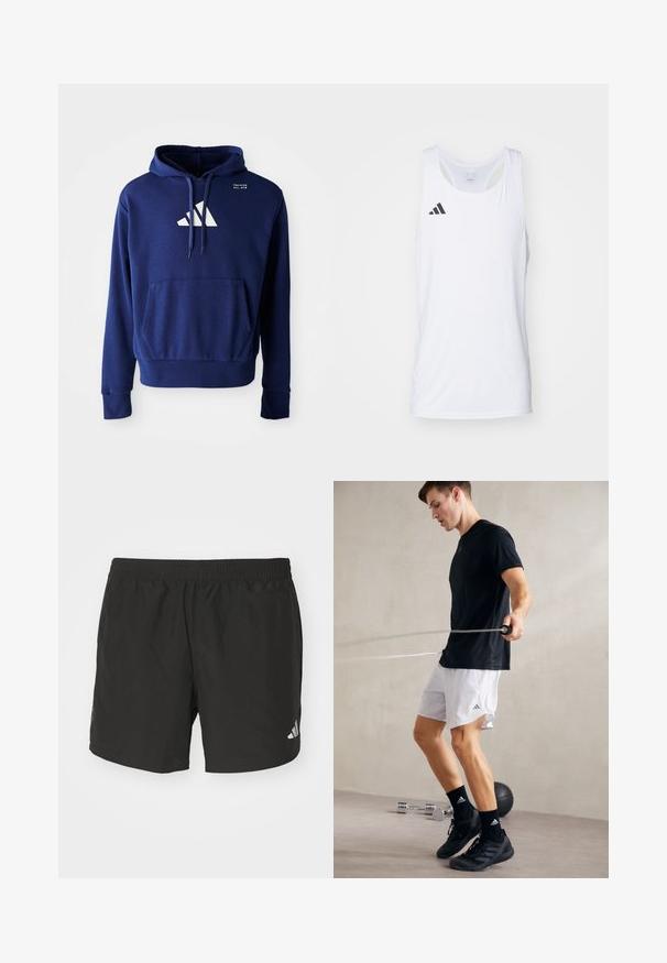 Tummansininen huppari, jossa on kenguru-tasku, nyöritettävä huppu ja valkoinen logo, joka koostuu kolmesta vinohivutuksesta rinnan kohdalla. Pehmeä kangas.; Valkoinen ilman hihoja oleva urheilullinen hihaton paita, joka on valmistettu kevyestä kankaasta. Paidassa on musta Adidas-logo vasemmassa rinnassa ja kaarrettu kaula-aukko.; Mustat urheilushortsit, joissa on joustava vyötärönauha, sivurei'ät ja heijastavat logoviivat. Valmistettu kevyestä, sileästä kankaasta.; Musta urheilupaita ja valkoiset shortsit, joissa on sivuaukot. Henkilö hyppii narua, jalassaan mustat lenkkarit ja sukat, sileällä lattialla.