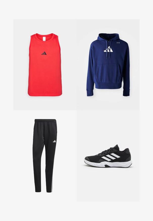Tamsiai mėlyna džemperis su kengūros kišene, su raišteliu reguliuojama kapučiu ir baltu logotipu, kuriame yra trys įstrižai dryžiai ant krūtinės. Minkšta audinio tekstūra.; Raudonas bešliukis sportinis marškinėlis iš minkštos medžiagos, kuriame dešinėje krūtinės pusėje yra juodas "Adidas" logotipas ir apvalus iškirpimas.; Juodos sportinės kelnes su tampriu juosmeniu, baltomis šoninėmis juostelėmis ir mažu baltu logotipu ant šlaunies. Pagamintos iš sklandžios, lengvos medžiagos.; Juodi sportiniai batai su tekstūruotu tinkliniu paviršiumi, baltais akcentų dryžiais, paminkštintu padu ir sustiprintu kulnu paramai.