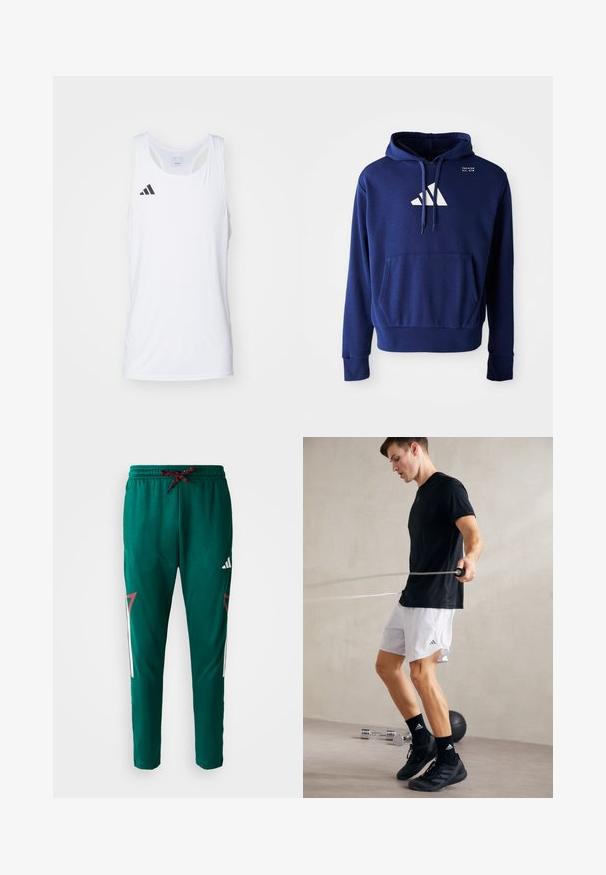 Granatowy hoodie z kieszenią kangurką, kapturem z możliwością regulacji sznurkiem oraz białym logo z trzema skośnymi paskami na klatce piersiowej. Miękka tekstura materiału.; Biała, bezrękawnik sportowy z lekkiego materiału, z czarnym logo Adidas na lewej piersi i okrągłym dekoltem.; Zielone spodnie sportowe z czerwoną i czarną sznurówką, białym logo Adidas na udzie oraz czerwono-białymi geometrycznymi akcentami po bokach.; Czarna koszulka sportowa i białe szorty z bocznymi rozcięciami. Osoba skacze na skakance, nosząc czarne sneakersy i skarpetki, na gładkiej podłodze.