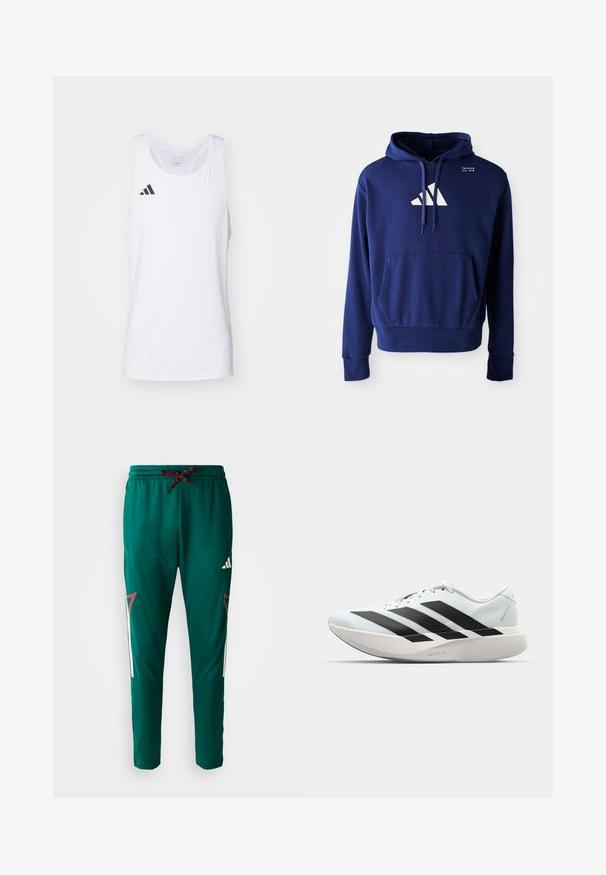 Námořnická modrá mikina s kapucí, klokaní kapsou, kapucí se šňůrkami a bílým logem s třemi diagonálními pruhy na prsou. Měkká textura látky.; Bílý bezrukávový sportovní top vyrobený z lehkého materiálu, s černým logem Adidas na levé hrudi a výstřihem ve tvaru lodi.; Zelené sportovní tepláky s červeným a černým šňůrkou, bílým logem Adidas na stehně a červenými a bílými geometrickými bočními akcenty.; Lehké běžecké boty v světle modré barvě s černými pruhy. Mají hladký svršek, kulatou špičku a silnou bílou mezipodešev označenou "LIGHTSTRIKE PRO."