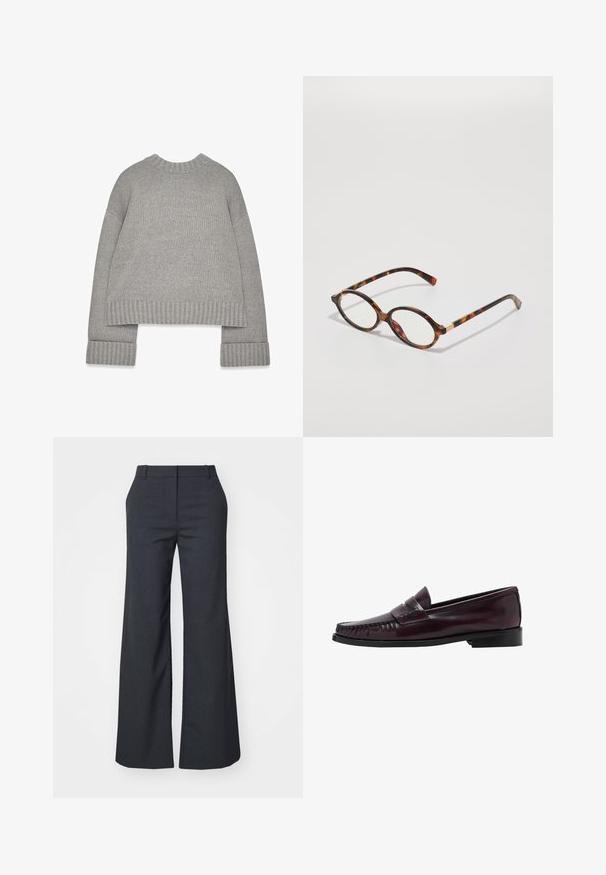 Light gray knitted sweater with long sleeves, ribbed cuffs, hem, and collar, laid flat with sleeves extended.; Weekday EMILY SUITING - Trousers - dark grey melange; Men’s dark brown leather penny loafer with black sole and stitching detail along the toe, shown in side profile.; Tortoiseshell eyeglasses with oval frames, clear lenses, and gold accents. Features curved temples and a smooth, glossy finish.; Brown leather handbag with two long handles, a structured rectangular shape, smooth texture, and rounded edges. Features accent details at the handles.
