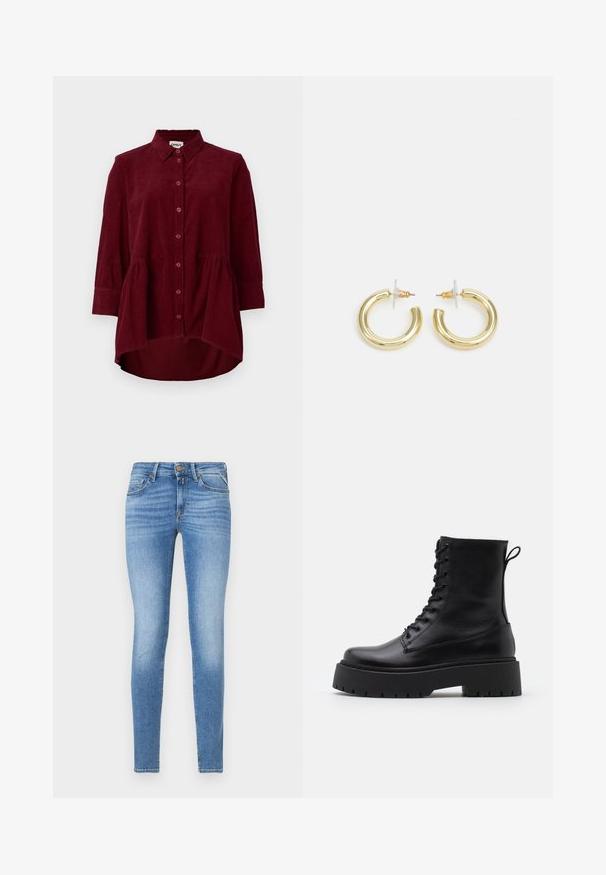 Oliivroheline soonikkoes pikkade varrukatega topp, millel on kortsus mitte väga sügava kaelaosa ja õlapehmendused, valmistatud elastse kanga kasutamisest, et saavutada sobiv siluett.; Burgundi värvi kootud särk klassikalise krae, nööbiga esiosaga ja kolmeveerandi varrukatega; omab peplumi alumist serva ja tekstuurset kangast.; Kitsas lõikega helesinised denim teksad keskmise kõrgusega vöökohaga, esise nupuga ning viie taskuga disainiga.; Mustad mustad nahast pahkluu saapad ümarate varvastega, nööridega esiosas ja paksu kummist talla ning tekstuuritud mustriga. Tagumine tõmbeaas.; Kuldne rõngassõrmused sileda ja läikiva viimistlusega. Ringikujuline disain, millel on väike post ja selge tagumine külg, et tagada kindel kandmine.