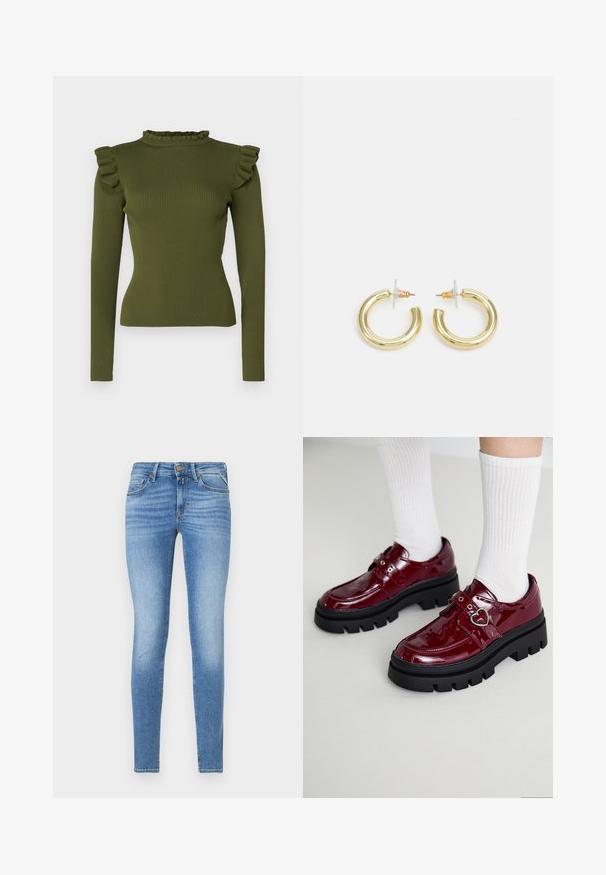 Top de manga larga acanalado verde oliva con cuello tipo alto con volantes y detalles en los hombros, confeccionado en una tela elástica para un ajuste ceñido.; Jeans de denim azul claro de corte slim, con cintura media, botón frontal y diseño de cinco bolsillos.; Zapatos de charol de color burdeos con una suela negra gruesa, doble correa con detalle en forma de corazón y calcetines blancos con canalé. Diseño retro con tracción gruesa.; Aretes de aro de oro con un acabado suave y brillante. Diseño circular que presenta un pequeño post y un respaldo transparente para un uso seguro.