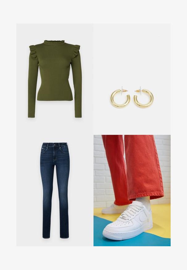Top de manga longa em verde-oliva com detalhe de babados no colarinho e realces nos ombros, feito de um tecido elástico para uma silhueta ajustada.; Jeans azul escuro feitos de denim, apresentando um corte reto, design de cinco bolsos e um fecho de botão na cintura.; Sapatilha de couro branca com biqueira perfurada, sola texturizada e atacadores brancos, combinada com calças largas vermelhas e um fundo azul e amarelo.; Brincos em argola dourados com um acabamento liso e brilhante. Design circular com um pequeno pino e suporte transparente para um uso seguro.