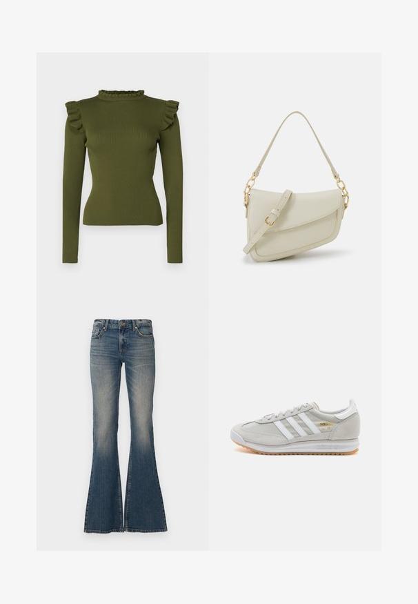 Olive green ribbed long-sleeve top featuring a ruffled mock neck and shoulder accents, made from a stretchy fabric for a fitted silhouette.; Flared blue jeans made of denim, featuring a button closure, five-pocket design, and a faded finish with a wide leg opening.; Light grey sneaker made of suede and mesh, featuring three white stripes, round toe, and a gum rubber sole. Gold logo accent near laces.; Small cream handbag with a textured finish, a long adjustable strap, a chain accent, and a flap closure. Gold hardware detailing.