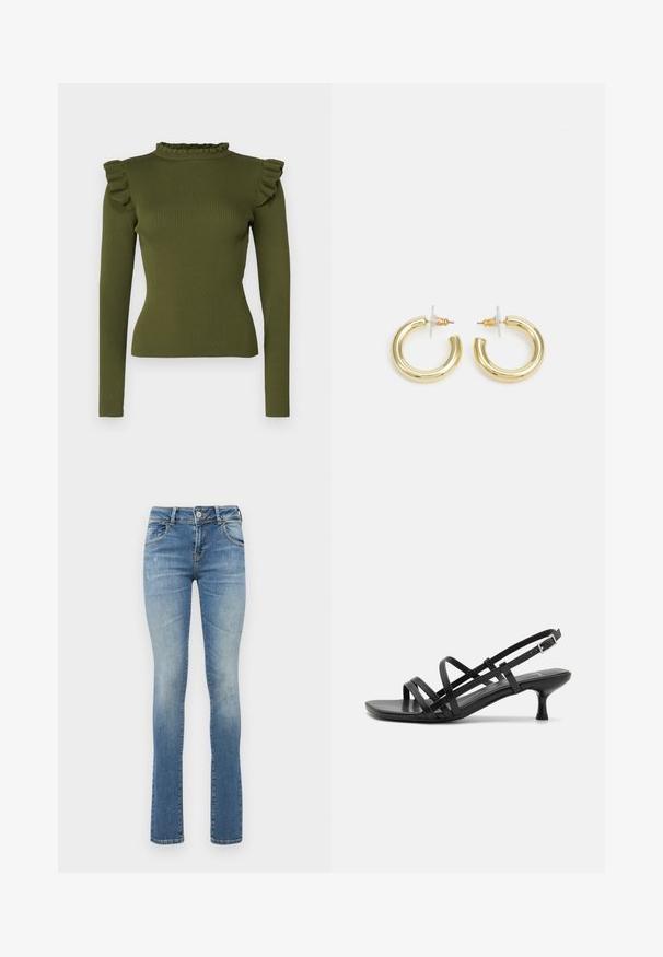 Top de manga larga acanalado verde oliva con cuello tipo alto con volantes y detalles en los hombros, confeccionado en una tela elástica para un ajuste ceñido.; Vaqueros de denim azul claro con un corte ajustado, un ligero desgaste sutil y un leve corte acampanado en el dobladillo. Presentan un diseño tradicional de cinco bolsillos y cierre de botón.; Sandalias de tacón negro con múltiples tiras entrecruzadas. Material suave, puntera afilada y tacón estrecho. Correa de tobillo ajustable con hebilla.; Aretes de aro de oro con un acabado suave y brillante. Diseño circular que presenta un pequeño post y un respaldo transparente para un uso seguro.