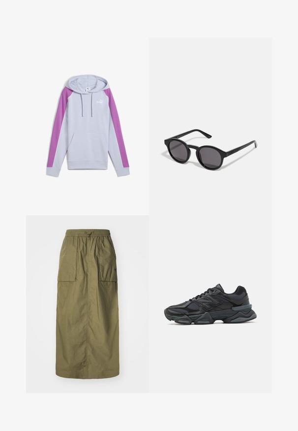 Hanorac bleu deschis cu mâneci purpurii, accente albe și buzunar kengur. Este dotat cu șnururi și un logo pe piept. Textură de țesătură moale.; Fustă de lungime medie, verde măsliniu, confecționată dintr-un material ușor, având talie elastică, șnur și două buzunare laterale.; Pantofari de alergare negri, cu un amestec de plasă și materiale sintetice, talpă masivă, design curbat și branding proeminent pe lateral.; Ochelari de soare negri cu un cadru rotund, ușor ondulat, lentile întunecate și brațe negre drepte. Finisaj neted, lucios, fără modele vizibile.