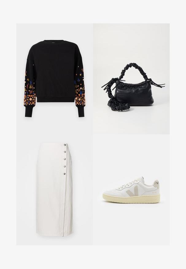 Crna dukserica s cvjetnim vezenjem u živopisnim bojama na rukavima, s okruglim izrezom i rebrastim manžetama.; Bijela traper midi suknja sa bočnim zatvaranjem na dugmadi koja sadrži pet metalnih dugmadi i ravni kroj. Glatka tekstura, ležeran dizajn.; Bijele kožne tenisice s bež nubuk naglascima, perforiranim prednjim dijelom, ravnim čipkama i teksturiranom kremastom potplatom. Sadrži suptilni brend na pete.; Crna torba od umjetne kože s teksturom krokodila, s cinčanim vrhom i naboranom trakom. Izgleda mekano i kompaktno u dizajnu.