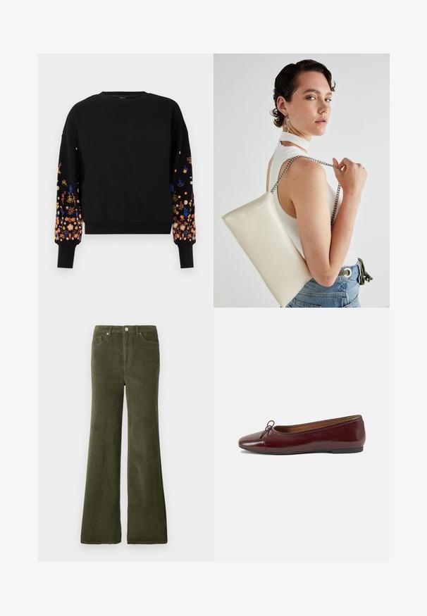 Sudadera negra con bordado floral en colores vibrantes en las mangas, con un escote redondo y puños acanalados.; Pantalones acampanados de pana de color verde oliva con una textura suave, bolsillos frontales y un cierre de botón metálico en la cintura.; Bailarina de charol burdeos con punta redonda, pequeño lazo en la parte frontal y una suela baja de goma negra. Textura suave.; Bolso de mano rectangular blanco, hecho de un material brillante, con una cadena plateada. La modelo posa, mostrando el bolso frente a un fondo liso.
