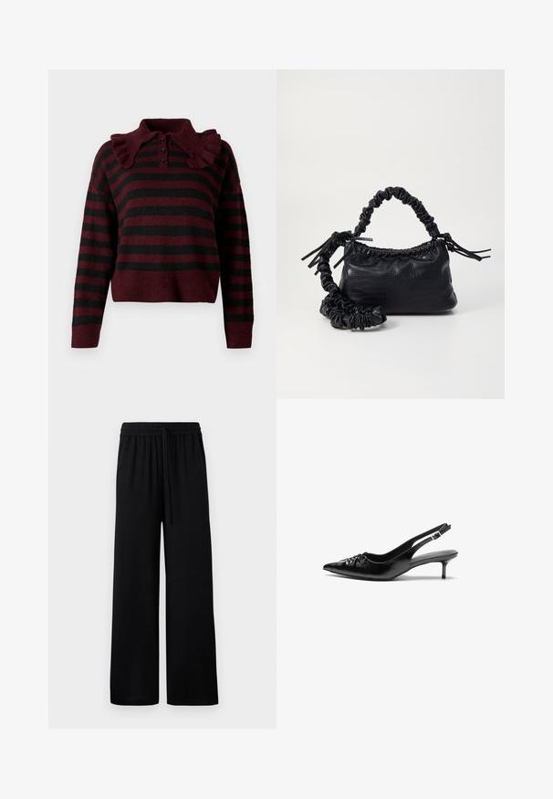 Bordo ir juodos spalvos dryžuotas megztinis su raukšlėtu apykakliu, trimis sagutėmis ir sutrumpintu kraštu. Minkšta tekstūra ir laisvas kirpimas.; Juodos plačios kelnės su elastinga juosmens juosta ir reguliuojamu raiščiu. Lygus audinys be matomų raštų ar akcentų.; Juodos odinės slingback aukštakulniai su smailiu nosiu, mažais katės kulnais ir dekoratyvine mazgo detale priekyje. Visas paviršius lygus.; Juodas dirbtinės odos rankinė su krokodilo tekstūra, sušnibždinta viršuje ir susikraipytu dirželiu. Atrodo minkšta ir kompaktiška.