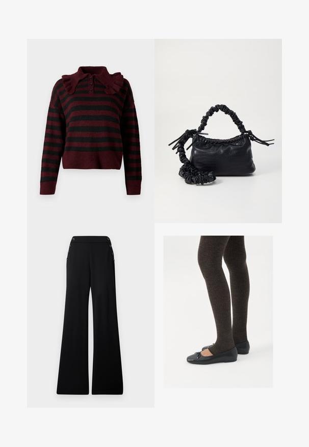Burgundska i crna prugasta pletena majica s volanima oko ovratnika, plaketom s tri gumba i skraćenim donjim dijelom. Mekana tekstura s opuštenim krojem.; Crne široke hlače visokog struka s dekorativnim gumbima duž gornjih bočnih šavova, prikazane na bijeloj pozadini.; Crne ravne cipele s malim mašnom na vrhu prstiju, uparene s tamnosmešnim rebrovanim čarapama. Cipele imaju glatku teksturu i nizak profil.; Crna torba od umjetne kože s teksturom krokodila, s cinčanim vrhom i naboranom trakom. Izgleda mekano i kompaktno u dizajnu.