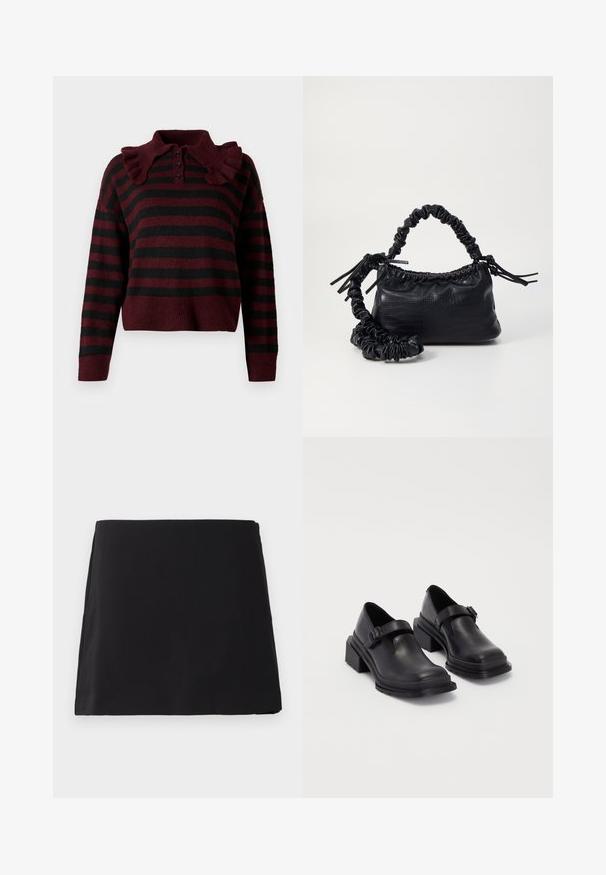 Maglione lavorato a maglia a righe bordeaux e nero con colletto arricciato, pattina con tre bottoni e orlo accorciato. Texture morbida con vestibilità rilassata.; Gonna mini nera a taglio dritto con una texture liscia, esposta piatta su uno sfondo bianco.; Scarpe in pelle nera con punta arrotondata, suola piatta e una cintura con dettaglio fibbia. Tacco a blocco spesso per una maggiore stabilità.; Borsa a tracolla in ecopelle nera con texture a coccodrillo, apertura cinchata e tracolla arricciata. Si presenta con un design morbido e compatto.