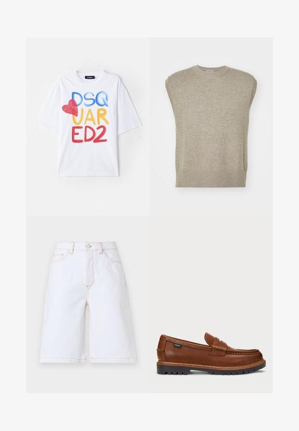Pulover tricotat fără mâneci, de culoare bej deschis, cu gât rotund, tiv cu nervuri și un design simplu cu textură netedă.; Tricou alb cu un graphic colorat, având textul "DSQ UAR ED2," un accent sub formă de inimă roșie, mâneci scurte și un guler de tip crew neck.; Pantaloni scurți din denim alb, cu croială dreaptă, cinci buzunare și cusături contrastante bej. Include un nasture frontal și închidere cu fermoar.; Mocasini din piele maro, cu cusături decorative și vârful texturat. Talpa prezintă un design robust, oferind aderență și durabilitate.