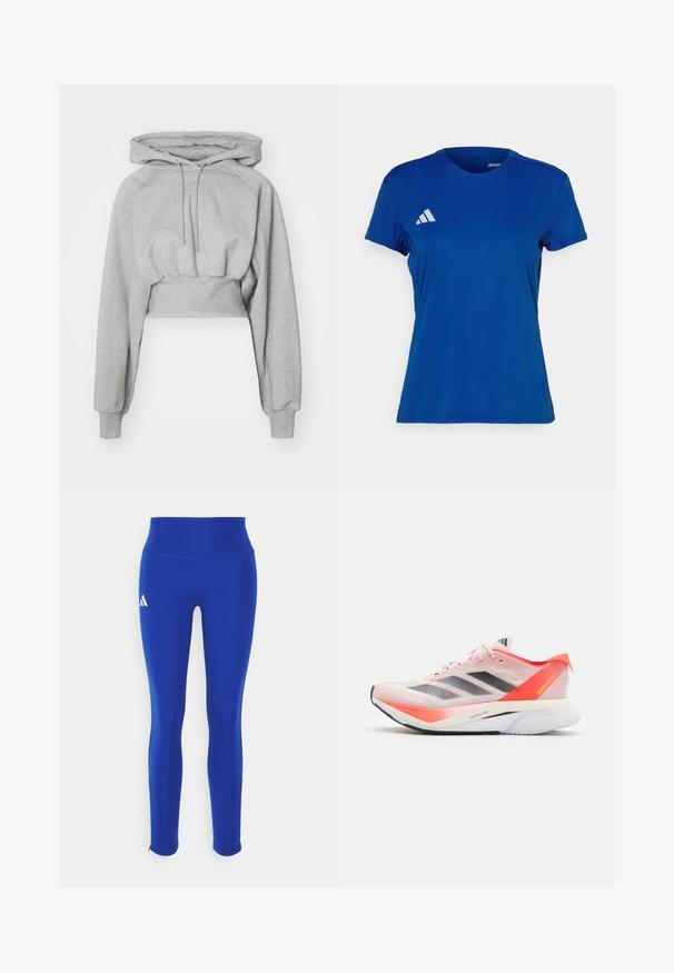 Cropped hoodie in light gray, made of soft material. Features a hood, drawstring, and ribbed cuffs. Smooth texture with no patterns.; Blue short-sleeve athletic t-shirt with a round neckline; made of lightweight fabric; features a white Adidas logo on the left shoulder.; Blue athletic leggings featuring a high waistband, made from stretchy material, with a white logo on the left hip and discreet hems.; adidas Performance ADIZERO BOSTON 12 - Road running shoes - sandy pink aurora met solar red