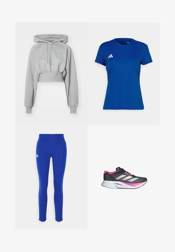 Gekürzter Hoodie in Hellgrau, aus weichem Material gefertigt. Verfügt über eine Kapuze, einen Kordelzug und gerippte Bündchen. Glatte Textur ohne Muster.; Blaues sportliches T-Shirt mit kurzen Ärmeln und rundem Halsausschnitt; aus leichtem Material; mit einem weißen Adidas-Logo auf der linken Schulter.; Blaue Sportleggings mit hohem Bund, aus dehnbarem Material, mit einem weißen Logo auf der linken Hüfte und unauffälligen Säumen.; Laufschuh mit einem grauen Mesh-Obermaterial, pinken Akzenten und weißen Streifen. Verfügt über eine gepolsterte Sohle und ein schlankes, aerodynamisches Design.