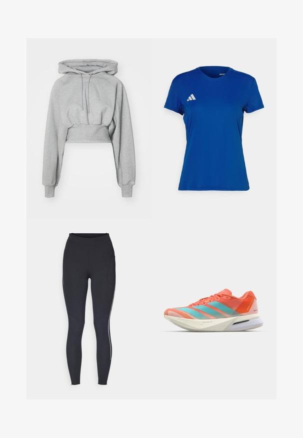 Cropped hoodie in light gray, made of soft material. Features a hood, drawstring, and ribbed cuffs. Smooth texture with no patterns.; Blue short-sleeve athletic t-shirt with a round neckline; made of lightweight fabric; features a white Adidas logo on the left shoulder.; Black athletic leggings featuring a high waistband, fitted design, side pocket, and contrasting white stripe along the outer leg seam.; Running shoe with a breathable mesh upper in coral and aqua, featuring three stripes, a cushioned sole, and a sleek design.