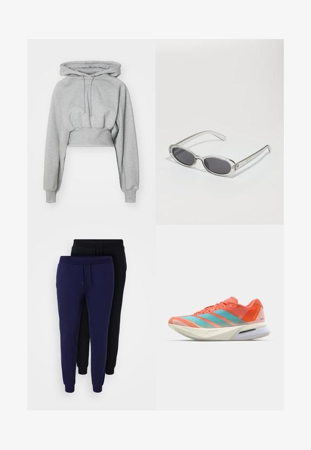 Krótkie hoodie w jasnoszarym kolorze, wykonane z miękkiego materiału. Posiada kaptur, sznurek oraz prążkowane mankiety. Gładka faktura bez wzorów.; Niebieska koszulka sportowa z krótkim rękawem i okrągłym dekoltem; wykonana z lekkiego materiału; z białym logo Adidas na lewym ramieniu.; Even&Odd Curvy 2 PACK - Spodnie treningowe; Buty biegowe z oddychającą siateczką w kolorze koralowym i wodnym, z trzema paskami, amortyzowaną podeszwą i smukłym designem.; Okulary przeciwsłoneczne w owalnym kształcie, z przezroczystą plastikową oprawą, ciemnoszarymi soczewkami oraz cienkimi przezroczystymi ramionami z akcentami logo i minimalnymi detalami.