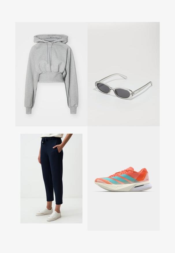 Gekürzter Hoodie in Hellgrau, aus weichem Material gefertigt. Verfügt über eine Kapuze, einen Kordelzug und gerippte Bündchen. Glatte Textur ohne Muster.; Blaues sportliches T-Shirt mit kurzen Ärmeln und rundem Halsausschnitt; aus leichtem Material; mit einem weißen Adidas-Logo auf der linken Schulter.; Jimmy Key Jogginghose - dark blue; Laufschuh mit einem atmungsaktiven Mesh-Obermaterial in Koralle und Aqua, ausgestattet mit drei Streifen, einer gepolsterten Sohle und einem eleganten Design.; Sonnenbrille mit ovaler Form, klarem Kunststoffrahmen, dunkelgrauen Gläsern und dünnen transparenten Bügeln mit Logo-Akzenten und minimalen Details.