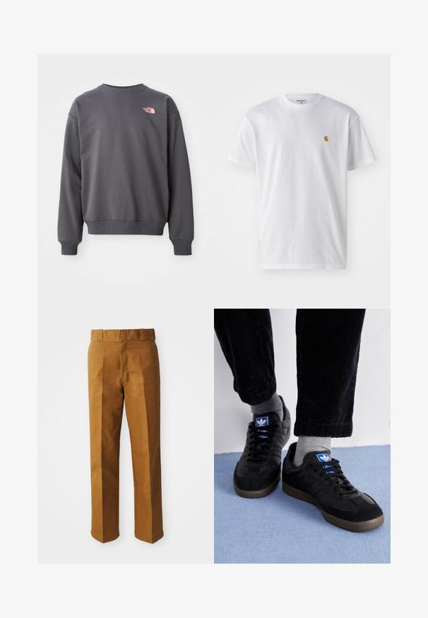 Grå hettegenser laget av en bomullsblanding, med rund hals, ribbestrikkede mansjetter og nederkant. Har en liten rosa logo på øverste venstre bryst.; Hvit bomull t-skjorte med korte ermer, rund hals, med en liten gulllogo på venstre brystområde. Myk tekstur og vanlig passform.; Brune, skræddersyede bukser med en glat tekstur, der har et lige ben-design, folder fortil og en standard talje.; Sorte joggesko laget av semsket skinn og lær, med en blå logo og brun gummisåle. Paret med grå sokker og kordfløylebukser.