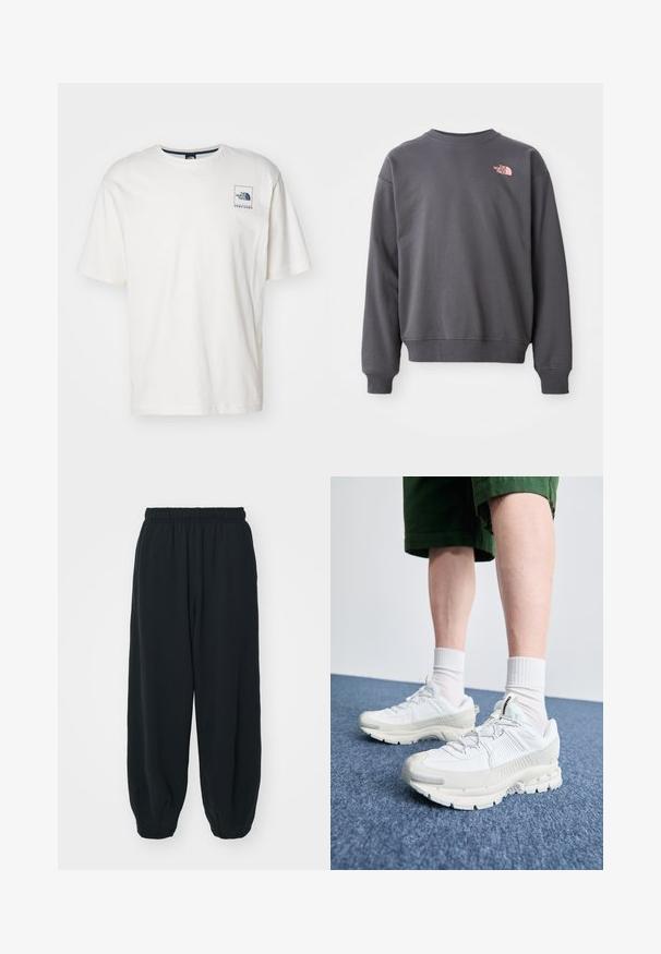 Grauer Sweatshirt aus Baumwollmischung, mit Rundhalsausschnitt, gerippte Bündchen und Saum. Enthält ein kleines pinkes Logo auf der oberen linken Brust.; The North Face COORDINATES TEE - T-Shirt print - white dune; Schwarze Sweatpants mit elastischem Bund, lockerer Passform, gerippten Beinabschlüssen, glatter Textur und ohne sichtbare Muster oder Hardware-Akzente.; Weiße Sportschuhe mit strukturierten Überzügen, einer dicken Sohle und grauen Akzenten. Tragen mit weißen Crew-Socken und grünen Shorts auf einer blauen Oberfläche.