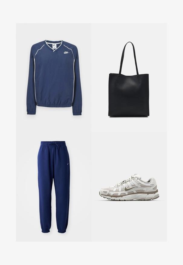 Marineblå Nike langermet genser med V-hals, hvite piping langs sømmene og elastiske mansjetter og liv. Har en logo på venstre bryst.; Mørkeblå joggebukser laget av mykt stoff, med elastisk linning med snøring, elastiske mansjetter og en liten hvit logo.; Hvite treningssko med mesh-overdel, lysebrune detaljer og en polstret såle. Har snøring og tekst på siden.; Svart lær tote bag med glatt tekstur, rektangulær form og to lange håndtak. Ingen synlige deler eller dekorasjoner.