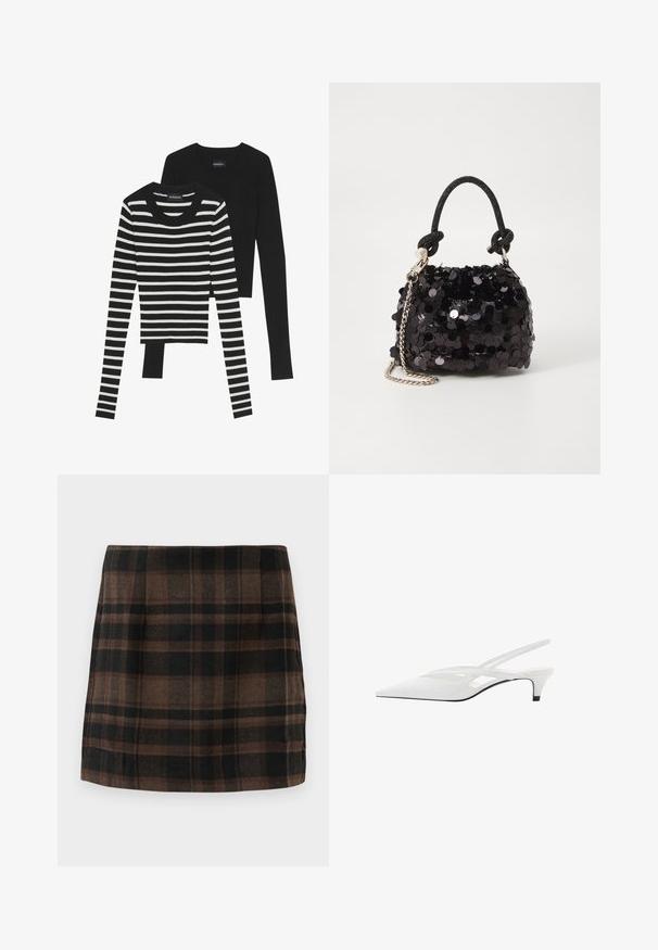 Maglietta nera a maniche lunghe a coste e maglietta a coste nera e bianca a righe, entrambe con scollatura rotonda e design aderente.; Gonna mini a quadri nei toni marrone, nero e beige, realizzata in tessuto testurizzato, con un design aderente e cuciture laterali per la struttura.; Décolleté bianco con punta affilata, caratterizzato da una tomaia liscia, sottili aperture e un tacco a blocco basso. La suola nera esalta il design.; Mini borsa a tracolla nera in paillettes con una tracolla texturizzata annodata e catena argentata. Forma rotonda con parte superiore arricciata e dettagli riflettenti.