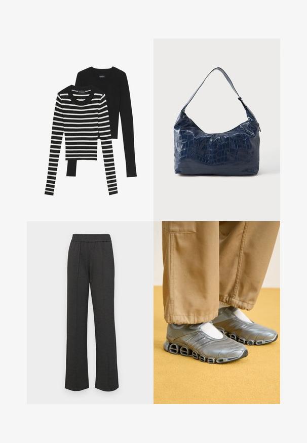 T-shirt de manga longa preta com textura de costela e t-shirt preta e branca com riscas, ambas com decote redondo e um design ajustado.; Calças retas pretas com uma cintura elástica, pregas frontais, tecido macio e sem padrões ou detalhes em metal visíveis.; Tênis atléticos prateados com um design elegante, material sintético texturizado e sola recortada distintiva. Usados com calças bege e meias brancas.; Mala de mão azul-marinho feita de couro sintético brilhante, apresentando um padrão texturizado de pele de jacaré e uma alça curva para o ombro.