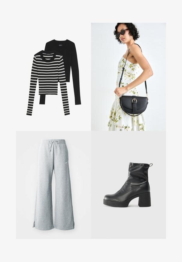 Black ribbed long-sleeve top and black and white striped ribbed top, both featuring round necklines and a fitted design.; Light gray sweatpants made of soft fabric, featuring a drawstring waist, wide legs, and side slits. Nike logo subtly displayed.; Black ankle boots made of smooth leather, featuring a side zipper, chunky textured heel, and rounded toe design.; Black leather handbag with a curved shape, detachable strap, and gold hardware. The bag features a flap with a buckle detail.