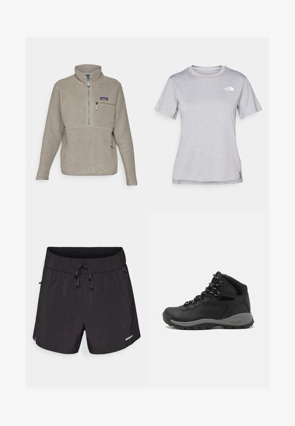 Jaqueta de fleece taupe claro com colarinho elevado, fecho de meio zíper na frente e um bolso no peito com zipper. Apresenta um tecido texturizado e um acabamento em cinza contrastante.; T-shirt cinza de mangas curtas feito de um tecido suave e que absorve a humidade. Apresenta um decote redondo e um pequeno logotipo branco na parte superior esquerda.; Fato de banho preto feito de tecido leve, com uma cintura elástica, cordão e bolsos laterais para maior funcionalidade.; Bota de caminhada preta com design de cano médio, apresentando um upper texturizado, detalhes cinzentos e sola de borracha durável com cravos de tração.