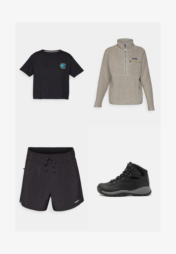 Helle taupe Fleecejacke mit hohem Kragen, halbem Reißverschluss vorne und einer Reißverschlusstasche auf der Brust. Verfügt über strukturierten Stoff und kontrastierende graue Akzente.; Schwarzes Baumwoll-T-Shirt mit kurzen Ärmeln, das auf der Brust ein rundes, mehrfarbiges Logo zeigt. Gerader Saum und lockere Passform.; Schwarze Schwimmshorts aus leichtem Stoff, mit einem elastischen Bund, Kordelzug und seitlichen Taschen für Funktionalität.; Schwarzer Wanderstiefel mit einem mittelhohen Design, ausgestattet mit einer strukturierten Oberfläche, grauen Akzenten und einer robusten Gummisohle mit Profilstollen.