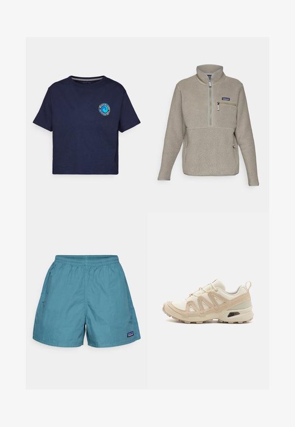 Világos taupe bolyhos dzseki magas gallérral, fél cipzárral és cipzáras mellzsebbel. Texturált anyaggal és kontrasztos szürke díszítéssel rendelkezik.; Patagonia UNITY FITZ EASY CUT RESPONSIBILI-TEE - Nyomott mintás póló - new navy; Világoskék férfi fürdősort gyorsan száradó anyagból; rugalmas derékkal és oldalsó zsebekkel rendelkezik. A hemnél található a Patagonia logós címke.; Beige és krém színű sportcipő, texturált hálós felsőrésszel, támogató burkolattal és gumitalppal, amely tapadás érdekében bordázott mintázattal rendelkezik.