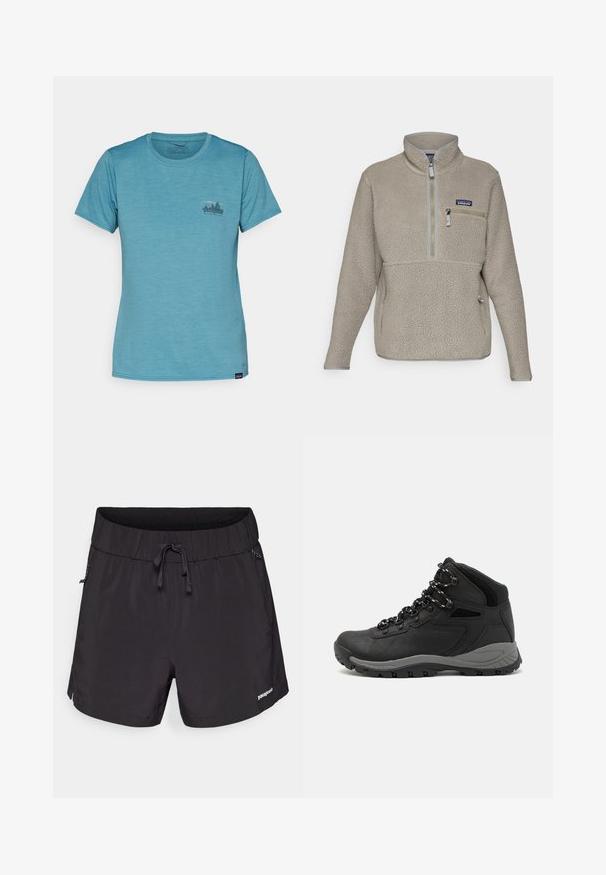 Lys taupe fleecejakke med høy krage, halv glidelås foran og en glidelåslomme på brystet. Har teksturert stoff og kontrasterende grå detaljer.; Kortermet t-skjorte med rund hals i lyseblå farge, med et fjellgrafikk på venstre bryst i mørk grå. Mykt, lett stoff.; Sorte svømmedrakter laget av lett materiale, med elastisk midje, snøring og sidelommer for funksjonalitet.; Sorte turstøvler med mid-topp design, som har en teksturert overdel, grå detaljer og slitesterk gummisåle med godt grep.