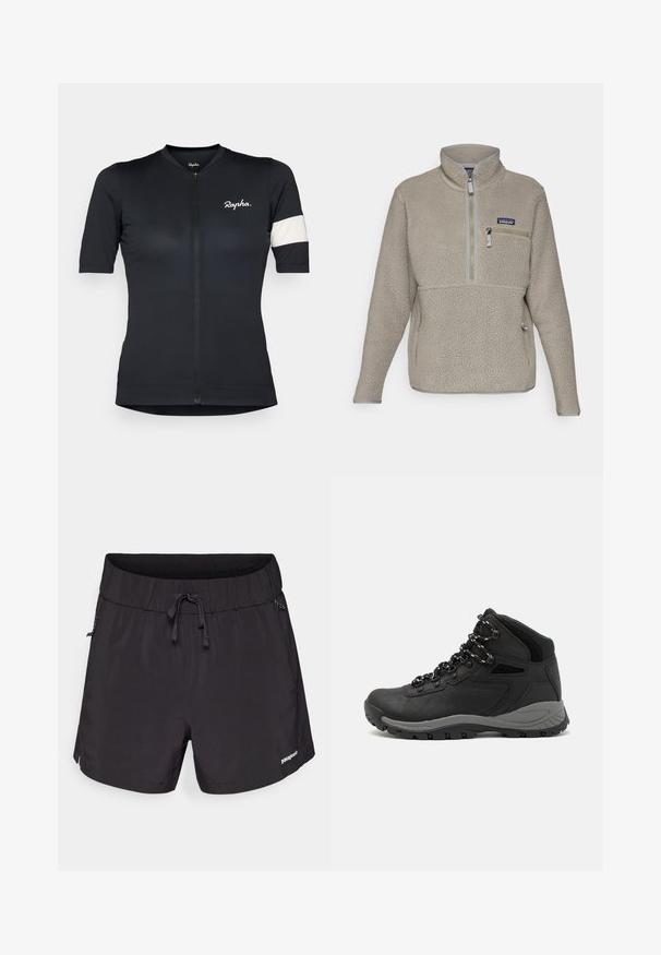Lys taupe fleecejakke med høj krave, halvlynlås foran og en lynlåslomme på brystet. Den har tekstureret stof og kontrasterende grå kant.; Kortærmet cykeltrøje i sort stof med et tekstureret mønster, frontlynlås og en hvid stribe på venstre ærme. Broderet logo.; Sorte svømshorts lavet af letvægtsstof, med elastisk talje, snoretræk og sidelommer for funktionalitet.; Sort vandrestøvle med en mellem-højde design, der har en tekstureret overdel, grå detaljer og en holdbar gummisål med skridsikre klodser.
