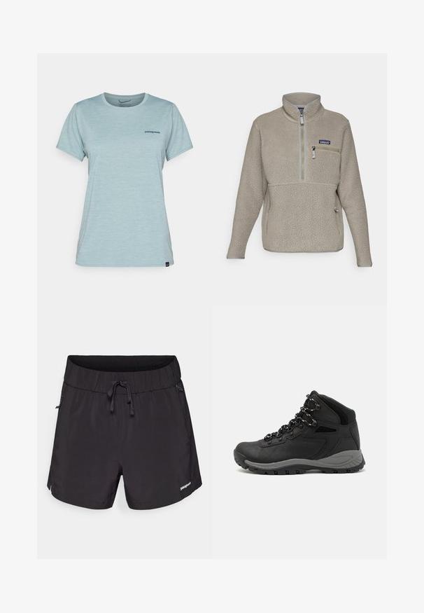 Lys taupe fleecejakke med høy krage, halv glidelås foran og en glidelåslomme på brystet. Har teksturert stoff og kontrasterende grå detaljer.; Lyseblå kortermet t-skjorte laget av myk, pustende stoff, med en liten marineblå logo på brystet og rund hals.; Sorte svømmedrakter laget av lett materiale, med elastisk midje, snøring og sidelommer for funksjonalitet.; Sorte turstøvler med mid-topp design, som har en teksturert overdel, grå detaljer og slitesterk gummisåle med godt grep.