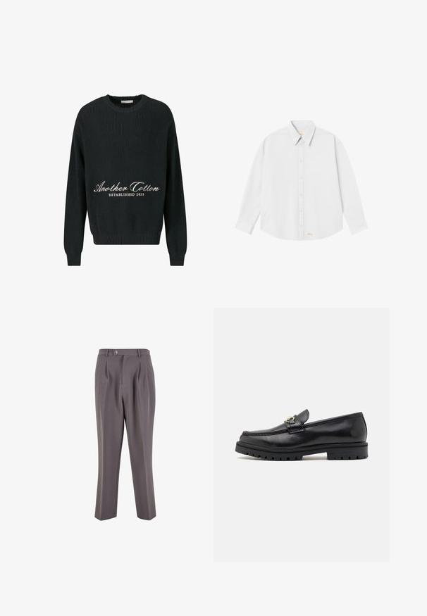 Zwarte gebreide trui met ronde hals, geribbelde textuur en geborduurde tekst "Another Cotton ESTABLISHED 2023" in het wit.; Witte blouse met een klassieke kraag, lange mouwen en een ronde zoom; heeft een klein oranje logo aan de onderkant aan de linkerkant.; Grijze geplooide broek gemaakt van gladde stof, met een rechte pijpdesign, een enkele knoopsluiting en schuine zijzakken.; Zwarte leren instappers met een zachte afwerking, ronde neus, een decoratieve band met gouden hardware en een robuuste zwarte zool.
