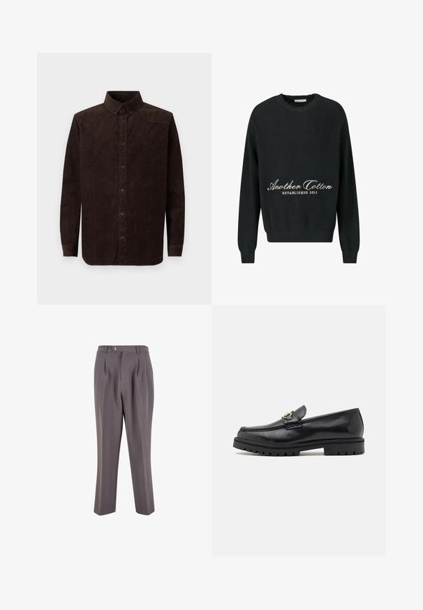 Suéter negro de punto con cuello redondo, textura acanalada y texto bordado "Another Cotton ESTABLISHED 2023" en blanco.; Camisa de pana marrón con mangas largas, cuello abotonado, textura de costillas verticales y cierre frontal con botones.; Pantalones grises con plisados, fabricados en un tejido suave, que presentan un diseño de pierna recta, un cierre de un solo botón y bolsillos laterales inclinados.; Mocasines de cuero negro con un acabado suave, punta redonda, una tira decorativa con herraje dorado y una suela negra robusta.