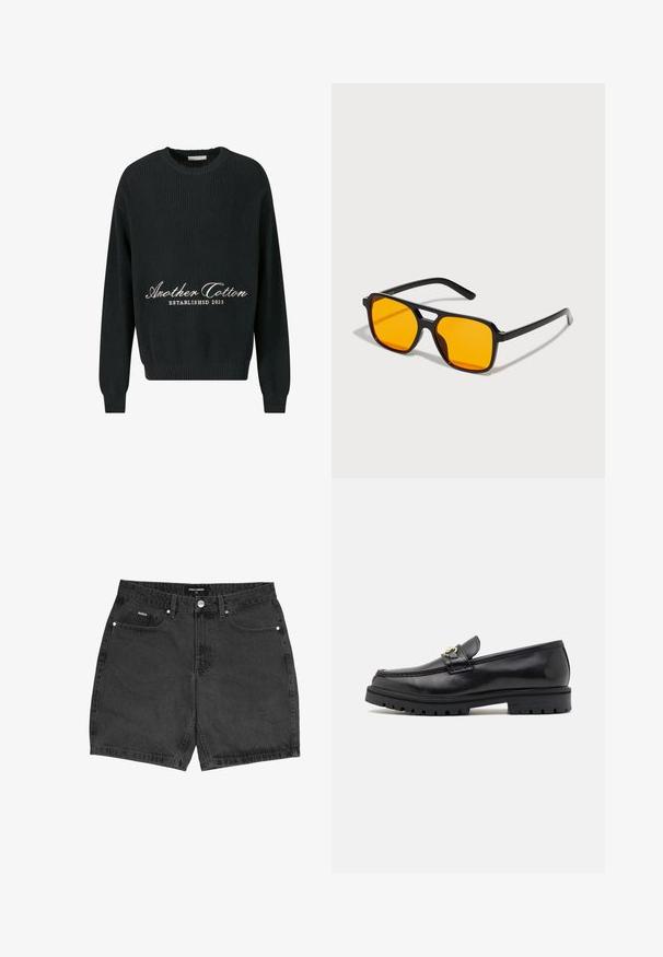 Suéter negro de punto con cuello redondo, textura acanalada y texto bordado "Another Cotton ESTABLISHED 2023" en blanco.; Pantalones cortos de mezclilla negra con un corte recto, cinco bolsillos y cierre de botón. Presenta detalles de costura menores y una tela texturizada.; Mocasines de cuero negro con un acabado suave, punta redonda, una tira decorativa con herraje dorado y una suela negra robusta.; Gafas de sol rectangulares negras con lentes naranjas vibrantes. Presenta un diseño de puente único y brazos elegantes, fabricados con material ligero.