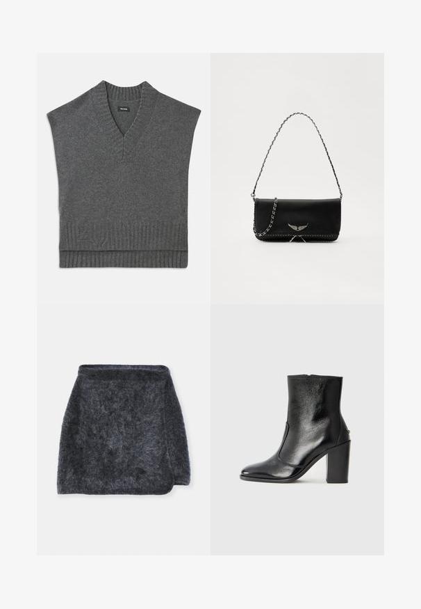 Šedý bezrukávový sveter s výstrihom do V, ribbovaným golierom a lemom. Mäkká pletená textúra, s jemným logom umiestneným pri spodnej časti.; Chlpatá tmavosivá sukňa s mäkkou textúrou, mierne rozšíreným strihom a zakriveným lemom. Tkanina vyzerá teplá a útulná.; Čierna kožená kotníková obuv s hladkým povrchom, špicatou špičkou a masívnym vysokým podpätkom. Zdobená bočným otvorom a minimalistickým dizajnom.; Čierna kožená kabelka so strieborným reťazovým popruhom, so zdobnými krídelnými akcentmi a bielym prešívaním pozdĺž dolného švu.