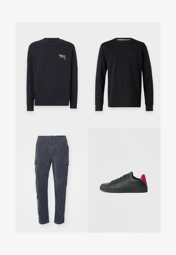 Hanorac bleumarin din bumbac, cu gât rotund, mâneci lungi, manșete cu nervuri și un logo alb imprimat pe zona frontală a pieptului.; Replay Bluză cu mânecă lungă - black; Pantaloni cargo gri închis, cu un elastic la talie, buzunare laterale și un material moale, texturat. Design cu picior drept, cu detalii minime.; Sneaker sintetic negre cu accente roșii la călcâi, design perforat pe lateral, vârf rotund, talpă plată neagră și șireturi negre.