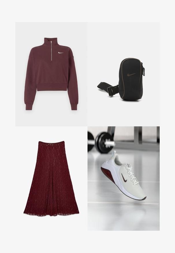 Maroon zip-up sweatshirt with high collar, cropped design, ribbed cuffs and hem, featuring a white Nike logo on the chest.; Long burgundy lace skirt with an A-line silhouette and semi-transparent floral pattern.; White athletic shoe with a textured mesh upper and maroon accents. Features a contrasting white sole and a pronounced Nike swoosh logo.; Black Nike pouch with a zip closure, textured fabric, brown accents, and a detachable strap. Features a prominent Nike logo on the front.